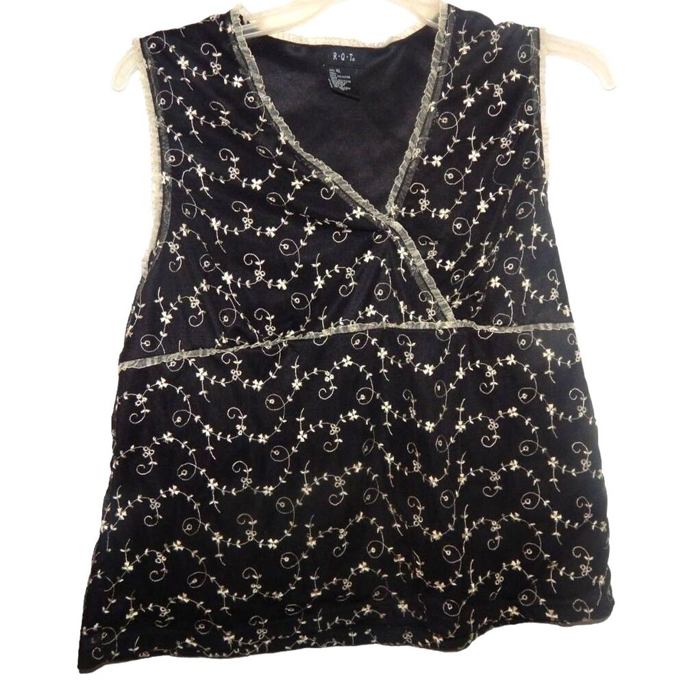 RQT women's x-large vintage floral embroidered v-neck sleeveless tank blouse